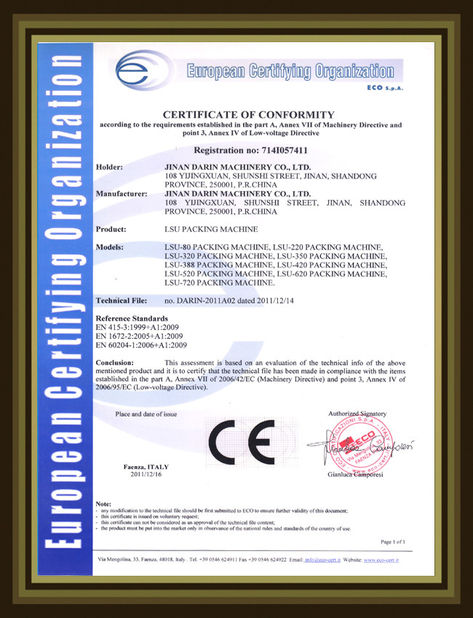 Chine Jinan Darin Machinery Co., Ltd. certifications